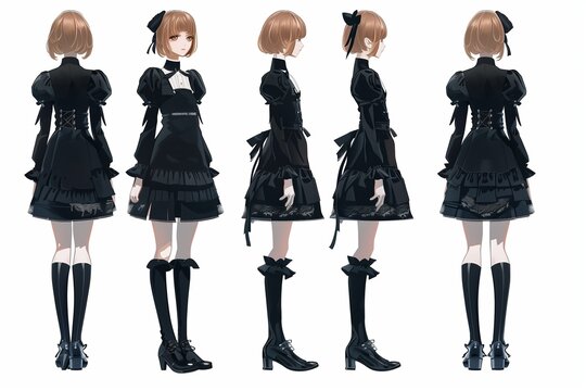 Anime character design featuring a girl in a black dress with ruffles and bows, showcasing different angles in a studio setting