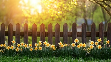 Daffodil-filled flowerbed in spring, near a garden fence, bathed in warm sunlight, with space for text.