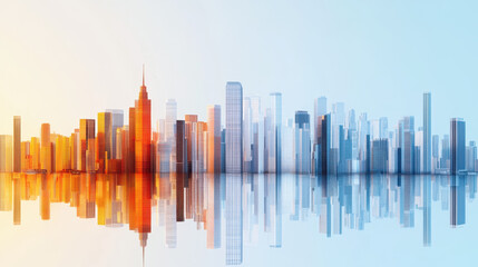 Fototapeta premium Abstract city skyline reflecting in calm water, featuring a blend of warm and cool colors with modern skyscrapers