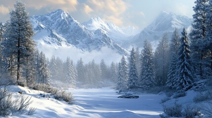 Obraz premium A beautiful winter scene with snow-covered mountains and a forest blanketed in fresh snow.