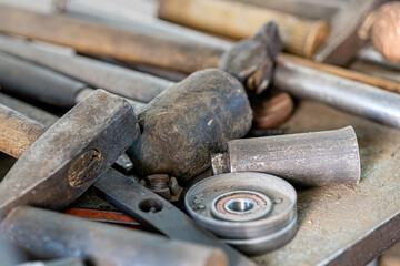 Closeup photo shoot of different nesessary tools and parts in every man's garage.Auto check up and...