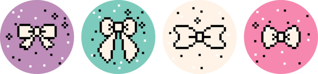 Pixel art vector design elements. Bow, knot, gift, ribbon. Abstract cute hair braiding accessory. Y2k trendy playful pixelated stickers. Mood of 90's aesthetics. 8-bit retro style vector illustration
