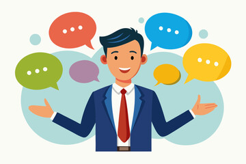 Businessman Confidently Engaging in Public Speaking, Articulating Ideas Through Storytelling with Multiple Speech Bubbles, Communication Skills Concept.