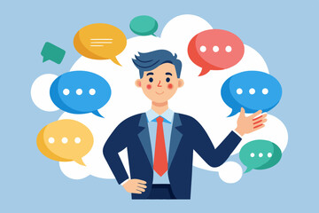 Verbal or oral communication skill, storytelling or explanation, public speaking, talking or discussion, telling message or speech concept, confidence businessman talking with multiple speech bubbles.