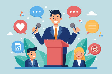 Verbal or oral communication skill, storytelling or explanation, public speaking, talking or discussion, telling message or speech concept, confidence businessman talking with multiple speech bubbles.