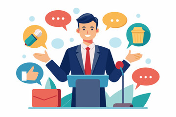 Verbal or oral communication skill, storytelling or explanation, public speaking, talking or discussion, telling message or speech concept, confidence businessman talking with multiple speech bubbles.