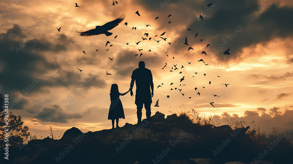 Wall mural father and daughter silhouette. death and afterlife. flying birds