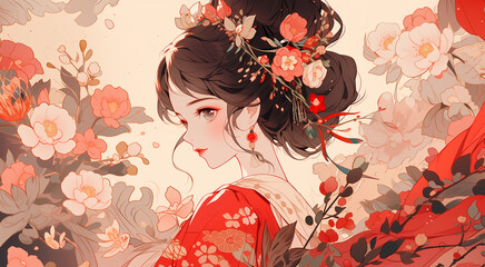 Hand-drawn anime illustration of beautiful Chinese costume girl
