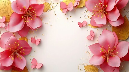 Pink Paper Flowers with Butterflies on White Background