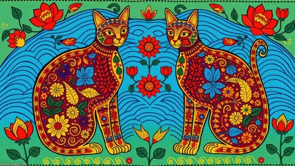 Pattern with cat, Abstract painting, cat pattern, flower ornament pattern.seamless pattern with cat and flowers	