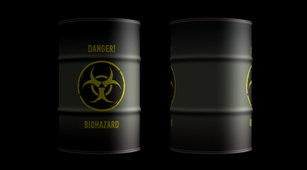 Biohazard and biological waste barrels in row