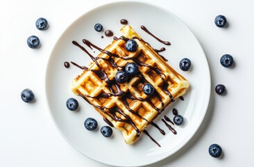 National Dessert Day. crisp waffles with chocolate drizzle and blueberries on a plate, top view, grey background. bowls filled with fruit jam or honey and mint leaves