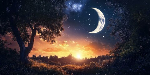 Naklejka premium Forest at dusk with crescent moon and stars.