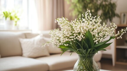 Elegant living room setup with a vase of Lily of the Valley flowers as the centerpiece.