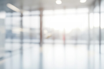 A blurred view of an empty modern office space with large windows and a bright ambiance extending serenity and cleanliness.