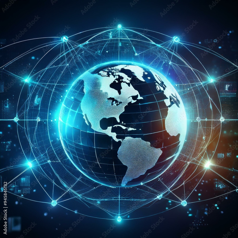 Poster abstract digital globe with global network connections and images of media content floating around i