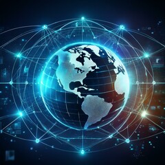 Abstract digital globe with global network connections and images of media content floating around it