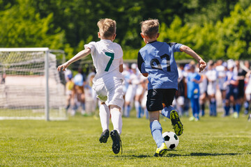 Young Boys Running After the Ball During a Soccer Game. Little Boys, Kids in Sports Uniforms Play...