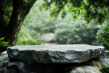 Obraz premium Stone podium on rock platform 3d illustration, grey rock pedestal for a product display stand, green forest and blurred on the background, natural scenery landscape , ai