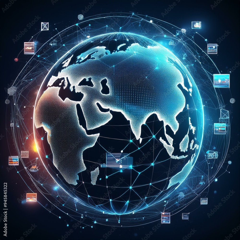 Poster abstract digital globe with global network connections and images of media content floating around i