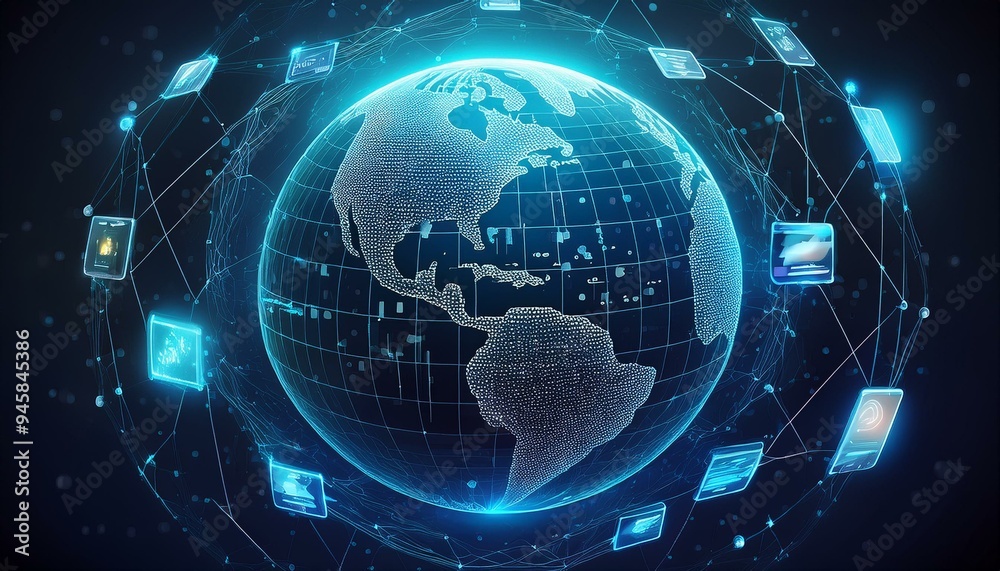 Poster abstract digital globe with global network connections and images of media content floating around i