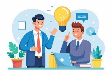 Communicate idea, advice or solution, good communication skill for business success, brainstorm or discuss in meeting concept, smart businessman talk to colleague on phone line with lightbulb symbol.
