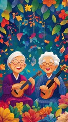 Harmonious Healing: Seniors Engaging in Vibrant Music Therapy for Joyful Emotional Expression and Healing Illustration