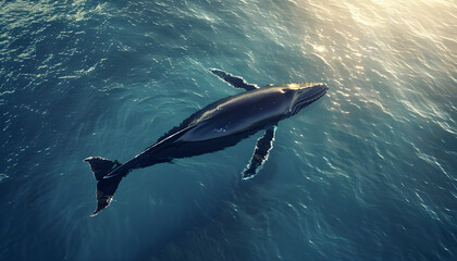 Fototapeta premium Whale in the Ocean. Up View of a Big Whale in the Oceans. Whale Swimming in the Ocean 