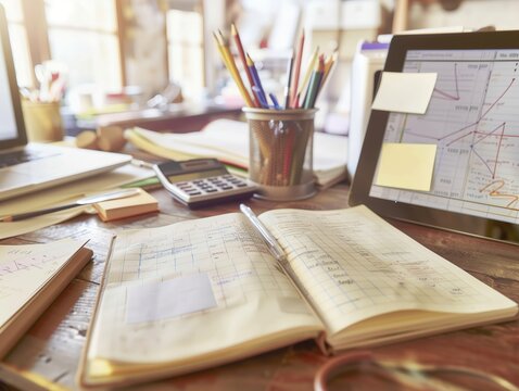 Background of a busy workspace with open notebook, tablet, and office supplies - Powered by Adobe