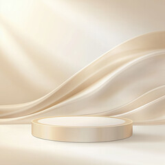 Empty golden round product display podium on a soft wavy background with light rays