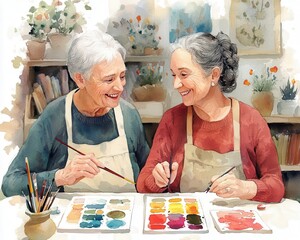 Creative Bonding - Senior Couple in Vibrant Painting Class Enjoying Shared Hobbies and Mental Stimulation