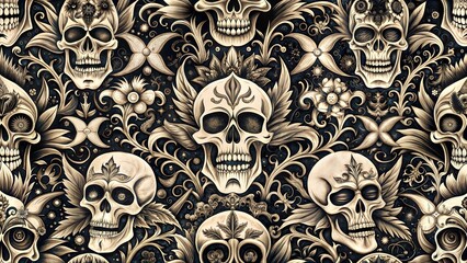 Intricate Skull and Floral Pattern in Sepia Tones Representing Gothic Romance and Mortality
