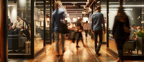 Lively modern office corridor with glass walls, wooden floors, and people in blur motion, creating a dynamic and collaborative work environment.