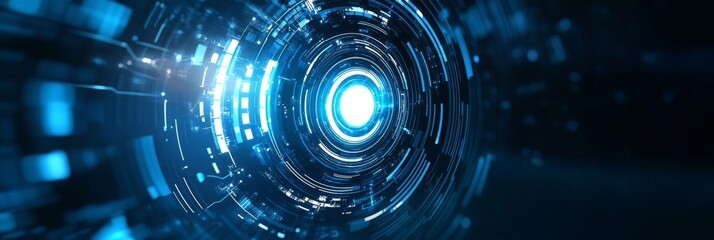 Obraz premium A captivating abstract background featuring a swirling blue vortex of light and intricate digital patterns. It symbolizes innovation, technology, connectivity, progress, and the future.
