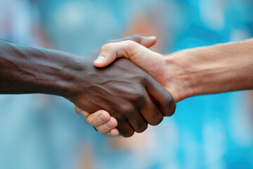 A close-up image shot focuses on two diverse hands shaking firmly, symbolizing unity, partnership, and cooperation between individuals.