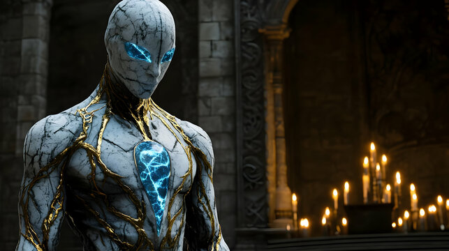 Stone humanoid with glowing blue heart, standing in a dark church with candles in the background, isolated on a transparent background.