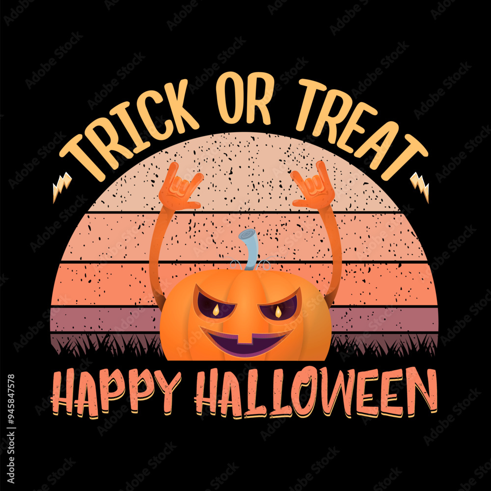 Wall mural vector halloween funky rock n roll style cartoon carved pumpkin character isolated on vintage sunset