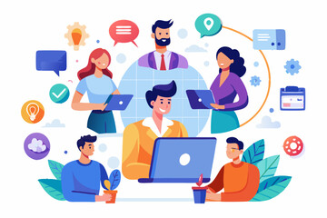 Vendor, third party or outsourcing, work with client or colleagues virtually, contractors or supplier, provider or partner concept, business people work virtually together collaborate for success. 
