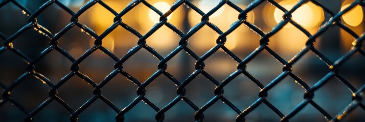 Fototapeta premium A close-up abstract view of a chain link fence, with the focus on the intricate pattern of the metal mesh. The background is blurred with warm, golden lights, creating a sense of mystery and intrigue.