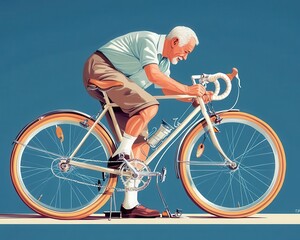 Restoring Joy: Elderly Man Reviving Vintage Bicycle with Focus and Creativity in Dynamic Illustration