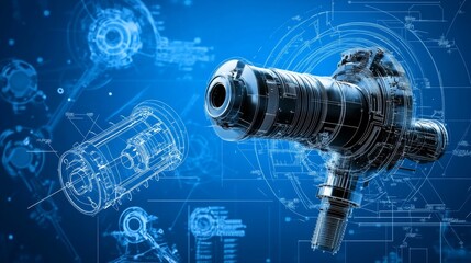 A close-up of a mechanical engineering blueprint design, showcasing intricate details of a complex industrial component. The image symbolizes innovation, precision, and the future of engineering.