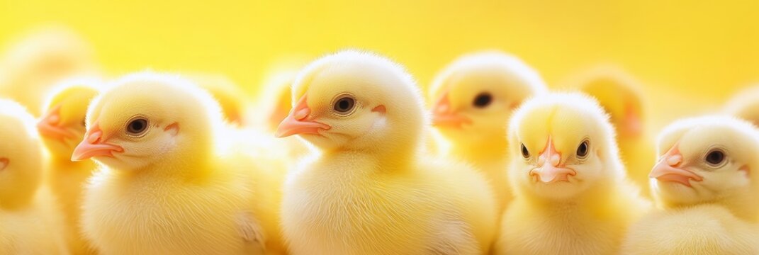 A close-up photo of a group of adorable baby chicks on a chicken farm, showcasing their fluffy yellow feathers and curious expressions. The image symbolizes new life, growth, and the beauty of nature.