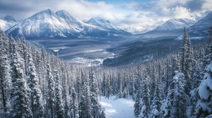 A panoramic view of snow-covered mountains with a valley filled with evergreen trees.