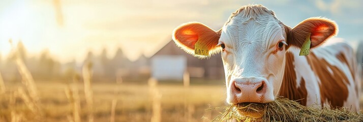 A close-up portrait of a contented cow, ears perked, enjoying a mouthful of hay in a field bathed in the warm light of sunset, symbolizing farm life, natural food, animal welfare, rural tranquility, a