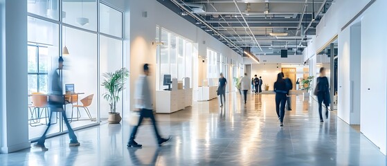 Fototapeta premium Bright, spacious office corridor featuring glass walls, natural light, and people in blur motion, creating a clean and professional work environment.