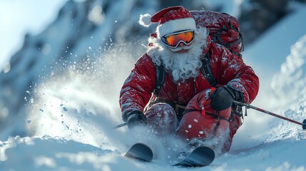 Santa Claus Skiing Down a Mountain.