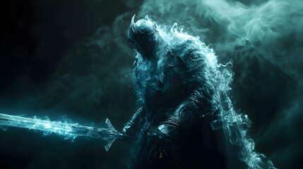 Dark Knight Stands With Sword in Smoke, Fantasy Illustration