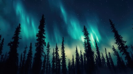 A silhouette of pine trees against the backdrop of a vivid aurora, casting an ethereal glow on the forest.
