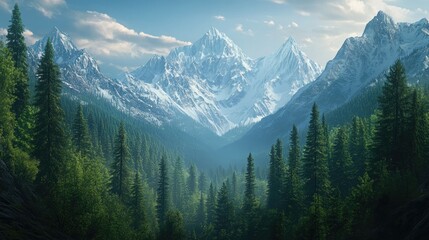 Fototapeta premium A stunning view of snow-capped mountains with a dense forest of pine trees in the foreground.