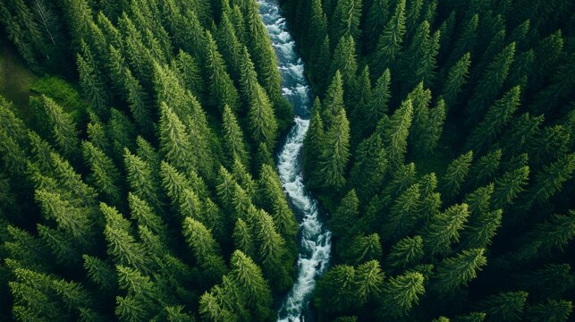 In the middle of a lush forest, you can see a winding river